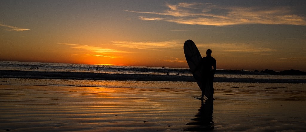 Surfer stand with surf board at sunset