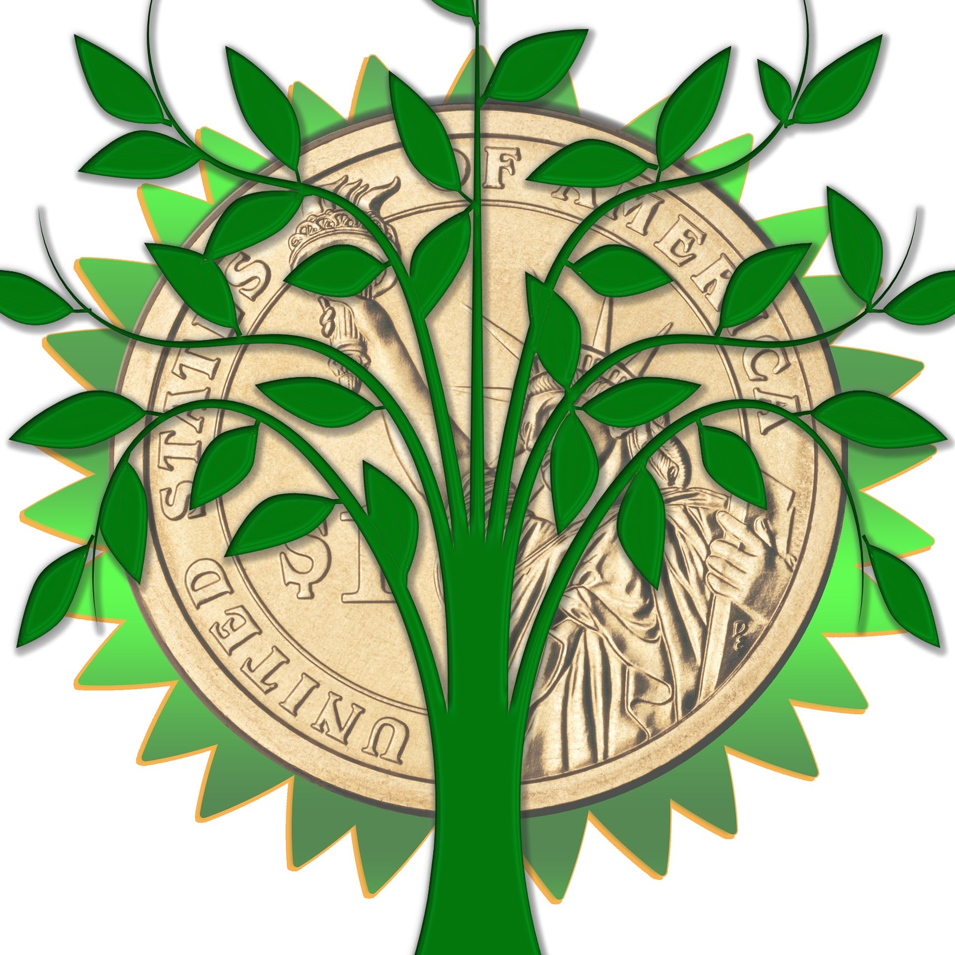 Graphic of a tree with a big coin behind it, representing Green investing (ESG)