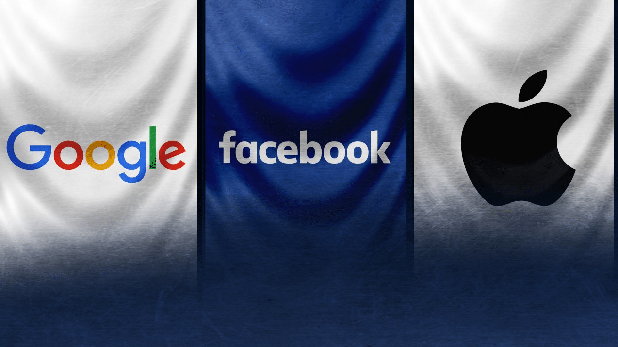 Google, Facebook, and Apple banners representing Big Tech